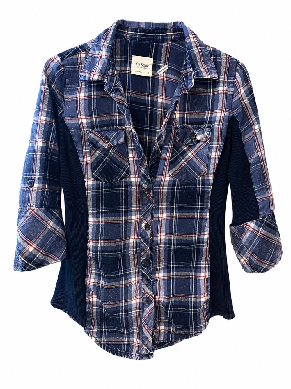 Ci Sono Cotton Plaid Button-Up Shirt – Blue Plaid – Size Small